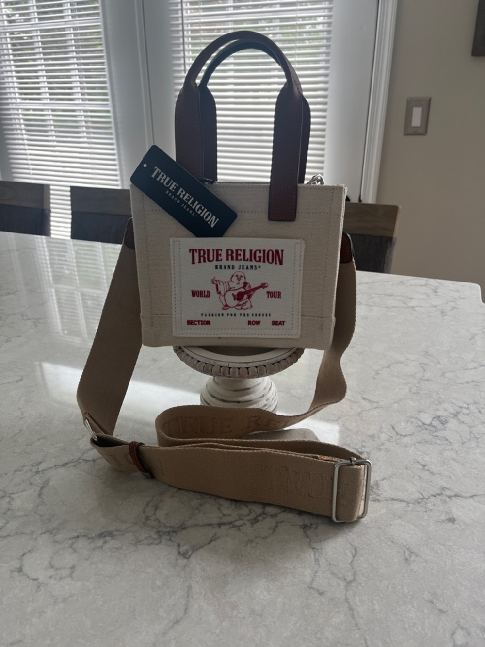 True Religion Beige Canvas Mini Messenger with Brown Accents
